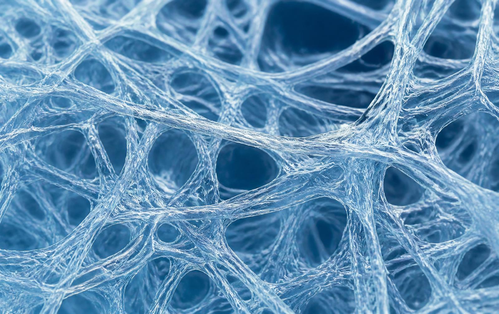 Collagen architecture imaged in research settings. The scaffold thins gradually rather than failing suddenly.